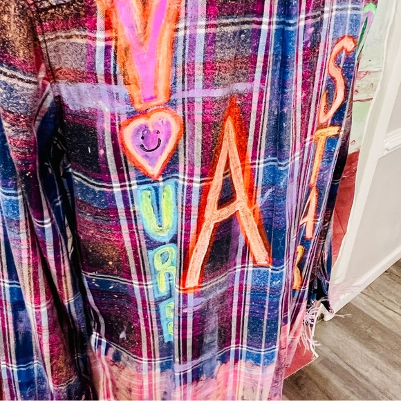 REWORKED VINTAGE FLANNEL DISTRESSED HAND PAINTED  w OSTRICH FEATHER CUFFS - Picture 4 of 7